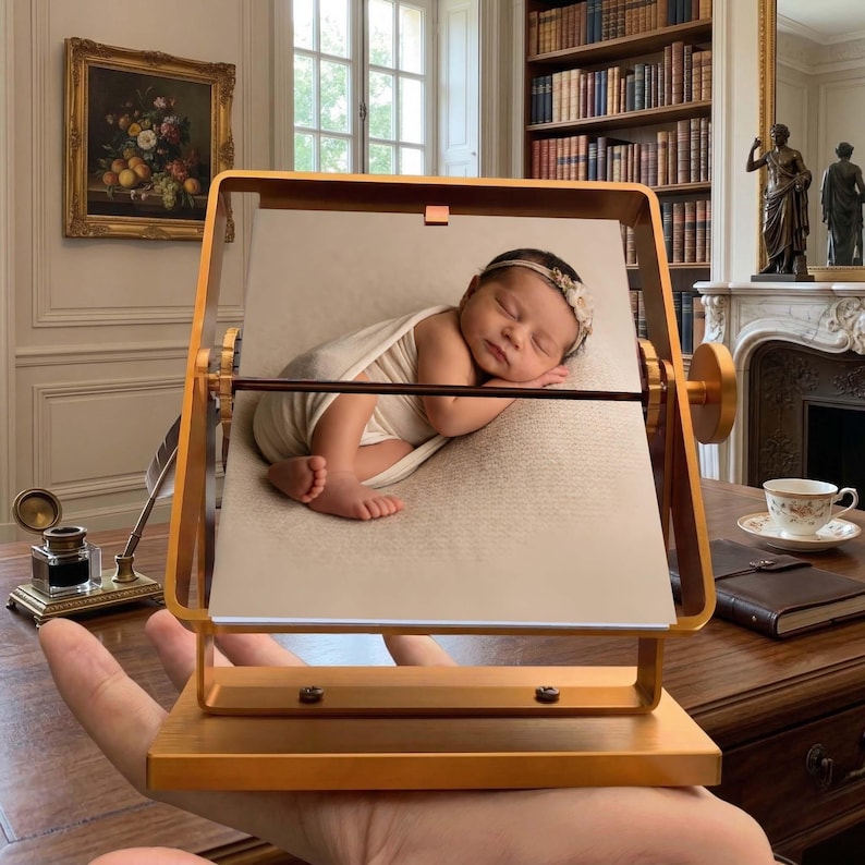 A hand holding a luxury gold kinetic flip book on a vintage desk, showcasing a sleeping newborn picture as a customized baby photo album, perfect as a unique baby shower gift for new parents.