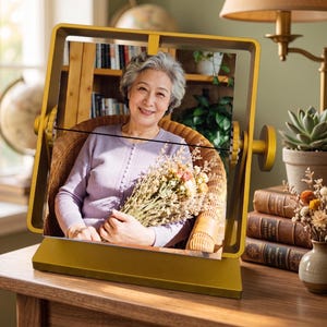 May include: A gold-toned, rectangular rotating picture frame featuring a central pivot mechanism. The frame holds a photograph of a person with gray hair wearing a light purple cardigan and holding a bouquet of dried flowers while seated in a wicker chair.