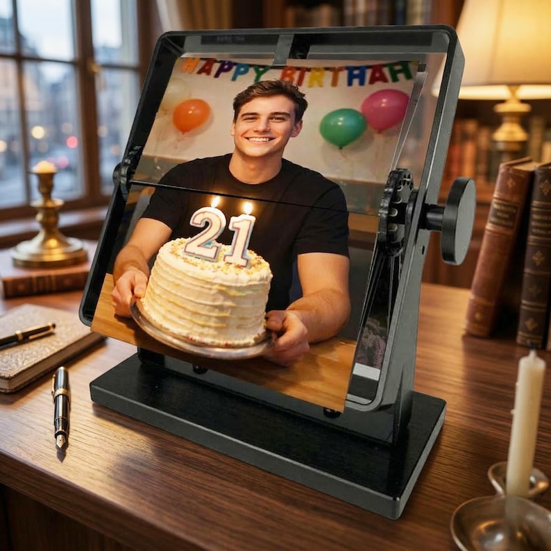 May include: A black rotating desktop picture frame holding a photograph of a person smiling behind a birthday cake with lit number 21 candles. The background of the photo features colorful balloons and a banner that reads HAPPY BIRTHDAY.