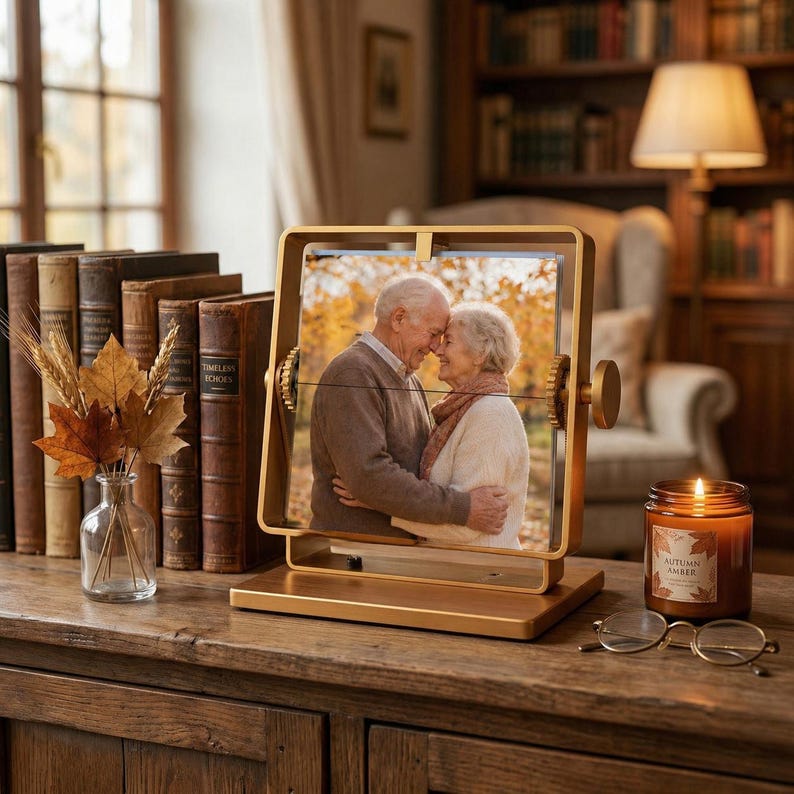 A luxury gold rotating picture frame on a vintage wooden desk with a lit candle and old books, displaying an elderly couple hugging for a meaningful 50th golden wedding anniversary gift.