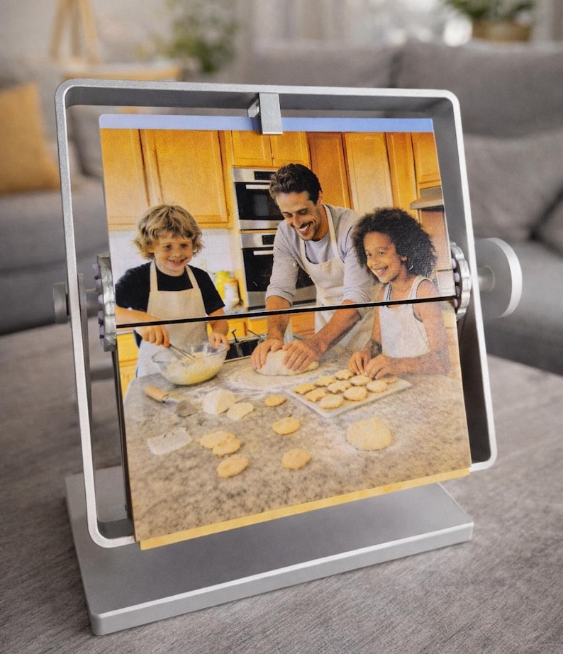 Rotating metal  silver colour picture frame displaying a family baking photo. Freestanding double-sided desk photo display, personalized gift for dad and family keepsake.
