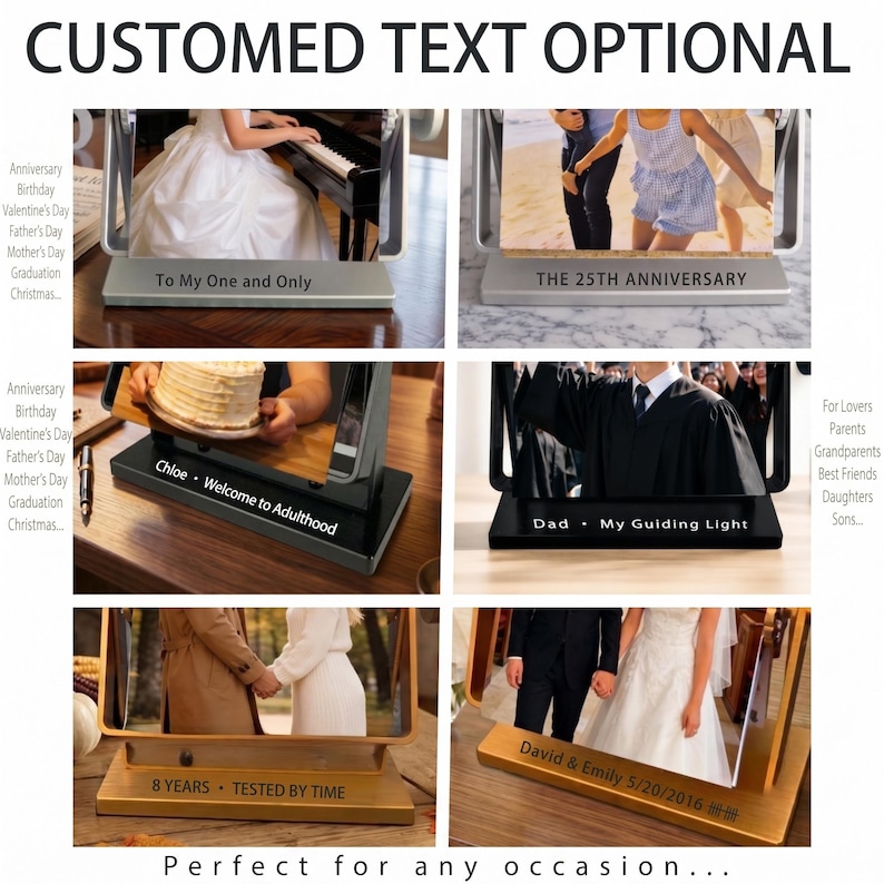May include: A set of six rotating photo frames with rectangular bases in silver, black, and gold finishes. Each base features custom engraved text including To My One and Only, The 25th Anniversary, Chloe Welcome to Adulthood, Dad My Guiding Light, 8 Years Tested by Time, and David & Emily 5/20/2016.