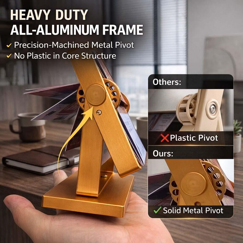 May include: A gold-colored metal desk calendar stand with a heavy-duty all-aluminum frame and a precision-machined metal pivot. The text reads HEAVY DUTY ALL-ALUMINUM FRAME, Precision-Machined Metal Pivot, No Plastic in Core Structure.
