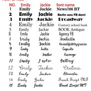 May include: A black text chart titled FONT OPTION listing fifteen numbered rows. Each row displays the names Emily and Jackie in a specific typeface, followed by the corresponding font name such as News706 BT, Broadway, or French Script MT.