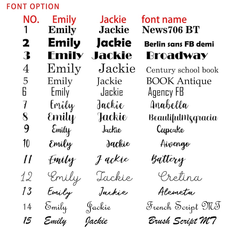 May include: A black text chart titled FONT OPTION listing fifteen numbered rows. Each row displays the names Emily and Jackie in a specific typeface, followed by the corresponding font name such as News706 BT, Broadway, or French Script MT.