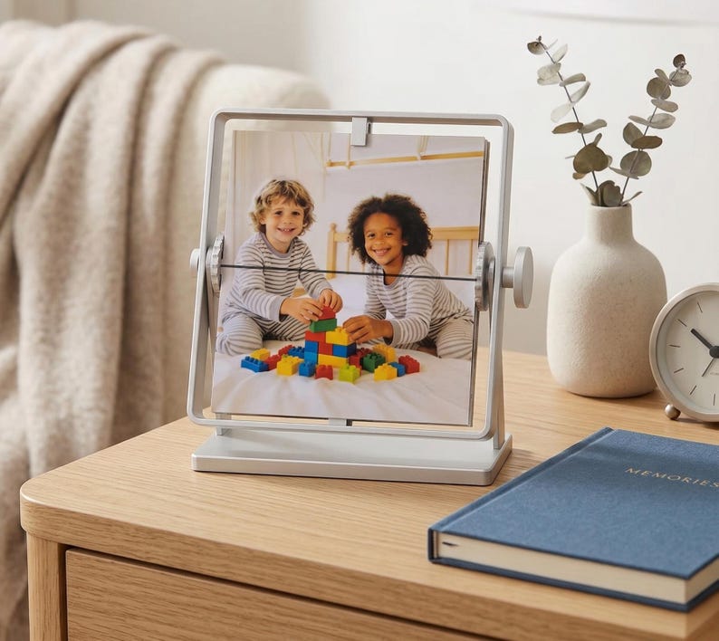 Unique gift for mom: Personalized photo desk calendar and rotating photo album. Mechanic photo flip book for bedside decor.
