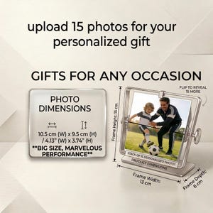 An infographic guide for the personalized rotating album, showing instructions to upload 15 photos and detailing the final print dimensions of the split flap picture pages for a custom order.