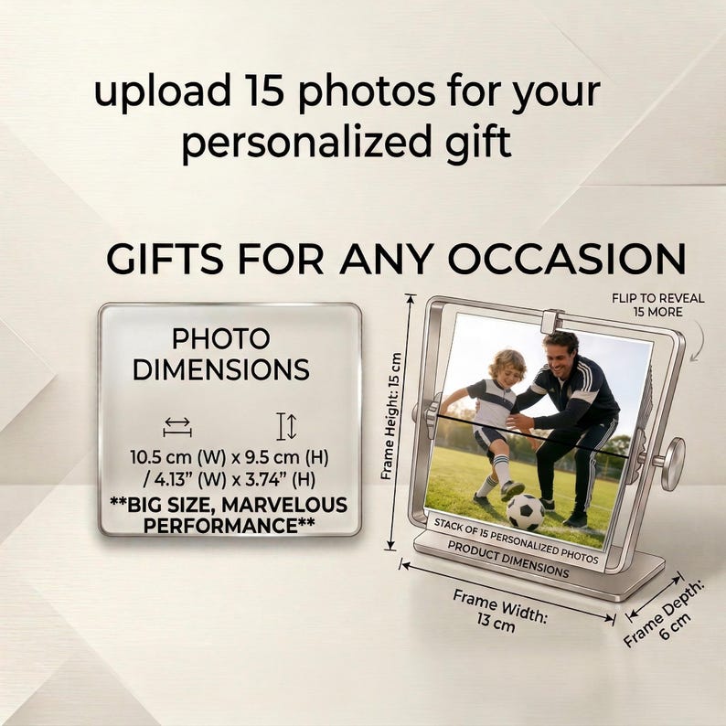An infographic guide for the personalized rotating album, showing instructions to upload 15 photos and detailing the final print dimensions of the split flap picture pages for a custom order.