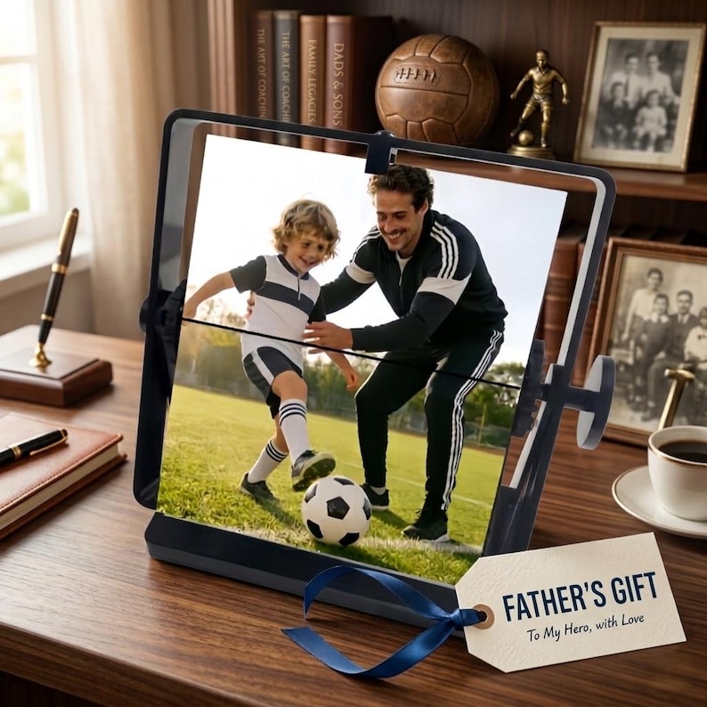 Best dad gift: Custom metallic moving split flap photo display frame showing a father and son playing soccer. Personalized Father's Day keepsake.