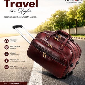Peut inclure: Une valise à roulettes en cuir bordeaux avec une poignée télescopique et des roues lisses à 360 degrés. Le sac possède plusieurs compartiments et un système de verrouillage sécurisé. Le texte de l'image indique "Travel in Style" et "Built for Comfort. Designed for Distance."