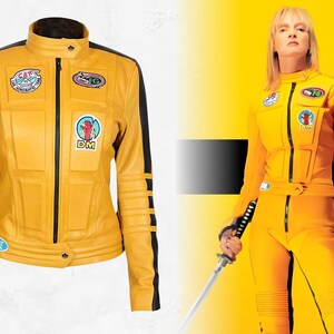 Iconic Kill Bill The Bride Beatrix Kiddo Crazy 88 Yellow Leather Biker Jacket, Uma Thurman Movie Cosplay Costume