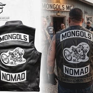 May include: Black leather vest with white patches displaying "MONGOLS", a motorcycle graphic, and "NOMAD". The vest is worn by a person in front of a building with "MONGOLS MC" and "WELCOME" signs. The Nightforgewear logo is in the upper left.