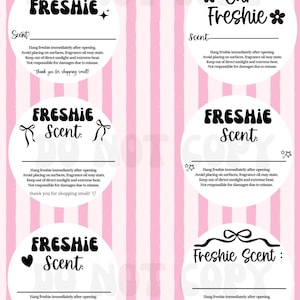 May include: Six circular white labels with black text and graphics arranged on a pink and white striped background. Each label features the words Car Freshie or Freshie Scent, a blank line for scent, and safety instructions regarding fragrance oil.