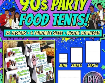 May include: A digital download set of 90s party food tents featuring 25 designs in 4 printable sizes. The graphic includes bright purple, blue, and yellow colors with cartoon illustrations, text labels, and white templates for mini, small, large, and buffet sizes.
