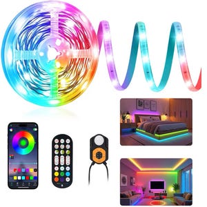 May include: A roll of multi-colored LED strip lights with a remote control, a smartphone app interface, and a light sensor. The image shows the lights illuminating a bedroom and living room. The lights are flexible and can be used for various decorative purposes.