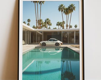 Vintage Porsche 911 Palm Springs Print, Mid-Century Modern Poster, Retro Classic Car Wall Art, Landscape Print, Minimalist Automotive Decor