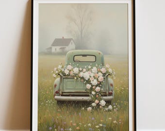 Vintage Floral Truck Oil Painting Print | Rustic Farmhouse Wall Art, Spring Wildflower Country Truck Painting, Cottagecore Farmhouse Decor