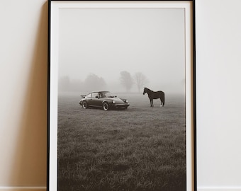 Fotografía artística del Porsche 911 vintage, impresión del Porsche 911 con caballo, póster minimalista en blanco y negro, arte moderno imprimible.