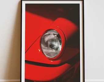 Impresión fotográfica de un Porsche 911 rojo, arte mural de un coche deportivo clásico, decoración fotográfica de faros de coches deportivos retro para el hogar y la oficina.