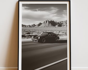 Vintage Porsche 911 Desert Highway Print, Black and White Motorsport Photography, Porsche 911 Racing Poster, Cinematic Road Trip Wall Art
