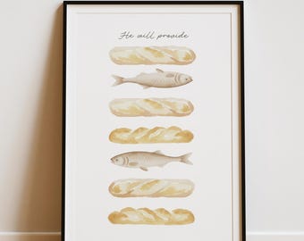 Fishes and Loaves Art Print, Jesus Feeds the 5000 Watercolor, He Will Provide Kitchen Decor, Minimalist Neutral Christian Scripture Wall Art