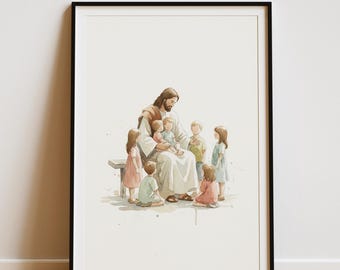 Jesus With Children Art Print, Minimalist Watercolor Christ Poster, Simple Modern Christian Wall Art, Bible Story Nursery Decor
