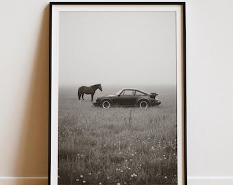 Vintage Porsche 911 Turbo and Horse Photography, Porsche 911 Turbo and Horse Print, Minimalist Black and White Car Poster Wall Art Print