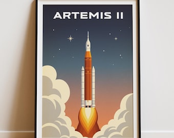 Póster con ilustración vintage de Artemis II, arte mural de la NASA Artemis II, lámina vintage de viajes espaciales, decoración con ilustración de cohete, regalo para aficionados al espacio.