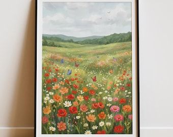 Estampado de campo de flores silvestres / Arte paisajístico floral impresionista / Decoración botánica de pared estilo cottagecore / Pintura de pradera primaveral / Arte boho vintage