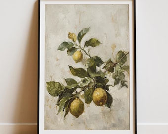 Lámina vintage de rama de limón / Arte mural botánico rústico de frutas / Decoración de cocina estilo cottagecore / Pintura de limón estilo granja
