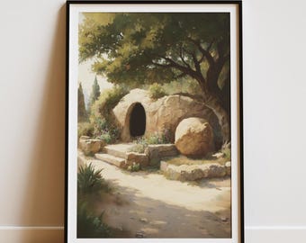 Empty Tomb Painting, Jesus Resurrection Art Print, Easter Wall Art, Christian Home Decor, Bible Verse Art, Faith-Based Home Decor