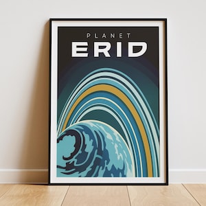 May include: A framed art print featuring a stylized depiction of a planet with rings. The artwork uses a palette of blues, greens, and gold, with the word "Planet Erid" in bold white letters at the top. The print is in a black frame.