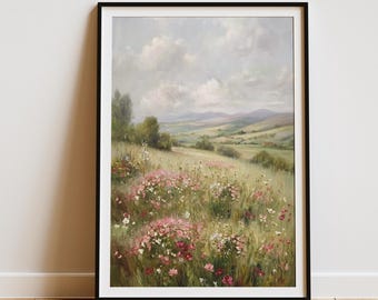 Lámina campestre inglesa / Arte mural de paisaje con flores silvestres rosas / Lámina floral estilo cottagecore / Paisaje natural / Decoración rústica de granja