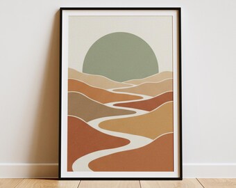 Minimalist Sunset Wall Art Print, Japandi Abstract Landscape with Pastel Sky, Earthy Burnt Orange and Cream Beige Decor