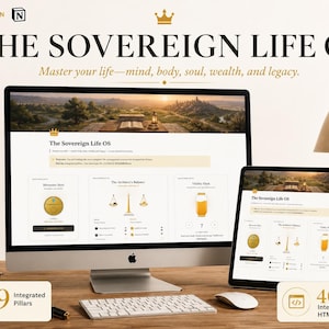 以下が含まれることがあります： 「The Sovereign Life OS」のインターフェースを表示するデスクトップコンピュータとタブレット。画面には、金と白のデザイン要素を持つウェブサイトが表示されています。画像には、キーボード、マウス、テキスト「9 Integrated Pillars」と「40+ Interactive HTML Widgets」も含まれています。