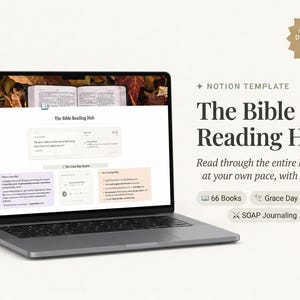 Puede incluir: Un portátil plateado muestra una plantilla de Notion titulada "The Bible Reading Hub". La pantalla muestra un plan de lectura con texto y gráficos. La imagen incluye el texto "Descarga digital instantánea".