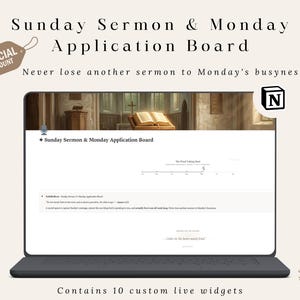 May include: A laptop displays a "Sunday Sermon & Monday Application Board" with the text "Never lose another sermon to Monday's busyness." A "Special Discount" tag is in the upper left. The screen shows a church interior and a Notion icon.