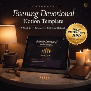 Peut inclure: Une tablette numérique affiche le « Modèle Notion de Dévotion du Soir » avec une minuterie et du texte. L'image comprend une lampe, une tasse, des bougies, un livre et un chapelet sur une table. Le texte indique « Une retraite spirituelle interactive de niveau supérieur ».