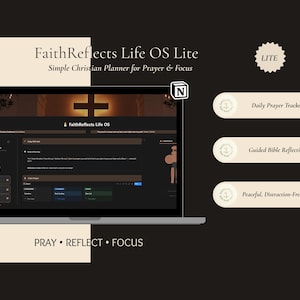 Può includere: Un laptop mostra l'interfaccia del pianificatore cristiano "FaithReflects Life OS Lite". Lo schermo mostra un'interfaccia scura con una croce. Il testo include "Daily Prayer Tracker", "Guided Bible Reflection" e "Peaceful, Distraction-Free Layout".