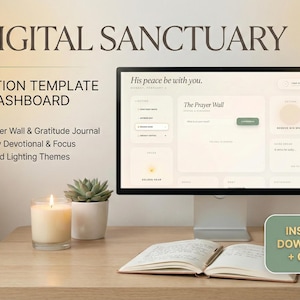 May include: A desktop computer displays a digital dashboard with the text "His peace be with you." The image also includes a lit candle, a succulent plant, and an open book. Text on the screen includes "Prayer Wall & Gratitude Journal" and "Instant Download + Guide."