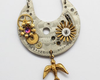 Repurposed Pocket Watch Plate Assemblage Pendant Necklace