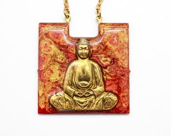 Buddha Abstract Fluid Art Resin Brass Crescent Pendant Necklace