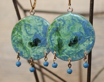 Planetary Abstract Fluid Art Pendant Earrings W/ Vintage Glass Bead Dangles