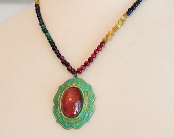 Hand Painted Pendant W/ Multi Color Tiger Eye Necklace