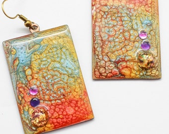 Abstract Fluid Art W/ Vintage Opals & Crystals Encased in Resin Earrings