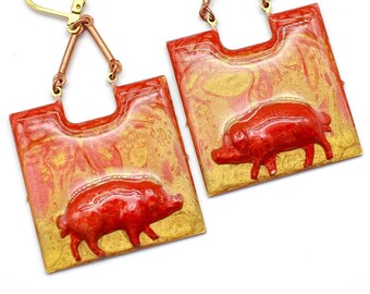 Pigs on Fire Abstract Fluid Art Resin Brass Pendant Earrings