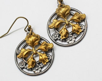 Antiqued Silver & Brass Iris Dangle Earrings