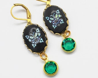 Vintage Butterfly Glass W Emerald Swarovski Dangle Earrings