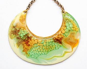 Geode Abstract Fluid Art Resin Brass Crescent Pendant Necklace