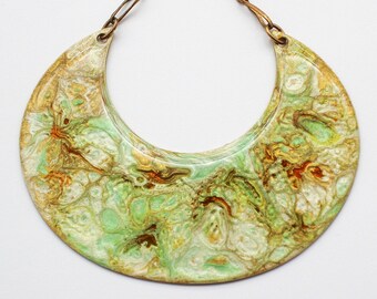 Marbled Abstract Fluid Art Resin Brass Crescent Pendant Necklace